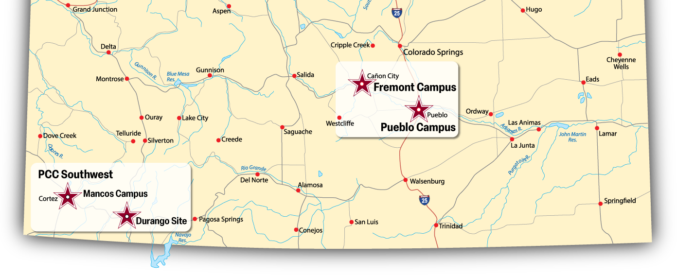 A beige map of southern Colorado showing starred locations of all PCC campuses: Pueblo campus in the city of Pueblo to the east of the map, Fremont Campus in Canon City not far from Pueblo campus, in the southwestern corner, Mancos Campus in Cortez, with Durango and Bayfield Sites not far from there. Several landmarks and cities stretched across the southern part of the state are also visible.
